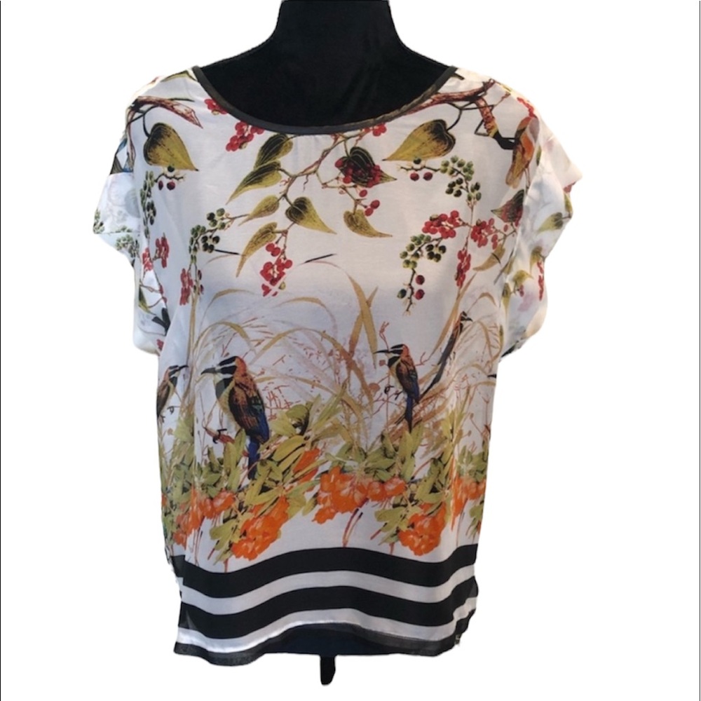 Papillon shortsleeved pullover floral bird print shear  top blouse size small